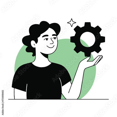Vector art of a woman holds a gear, symbolizing problemsolving, innovation, and technical expertise
