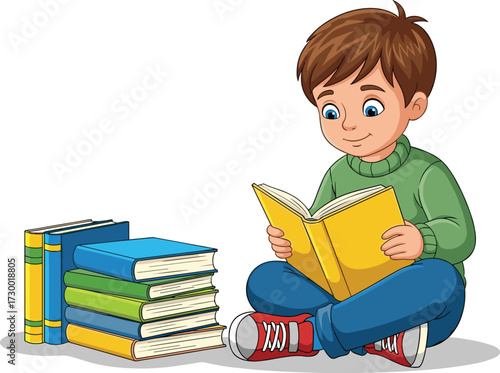 Cartoon boy reading book, sitting on floor, colorful illustration, stack of books, educational vector, learning concept, white background