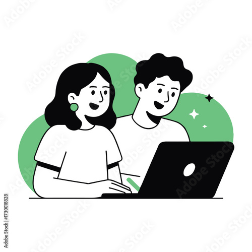 Vector art of a couple is working together on a laptop, this represents teamwork, collaboration, and shared goals in a digital environment