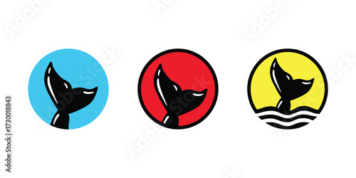whale tail dolphin shark vector logo icon round border cartoon character doodle wave ocean sea symbol illustration design