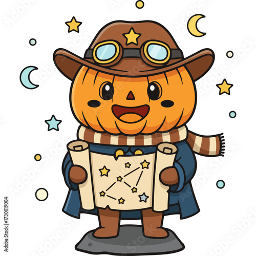 The idea of ​​a magical journey of discovery. A cute pumpkin explorer is guiding his way by seeing the stars. This illustration is great for educational content, inspirational posters for kids.