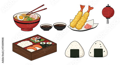 Japanese food illustration, vector EPS, iconic Asian cuisine with ramen, sushi, and onigiri