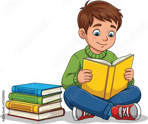 Cartoon boy, reading book, cross-legged child, education concept, vector illustration, kids learning, cheerful character, study time, stock art, white background