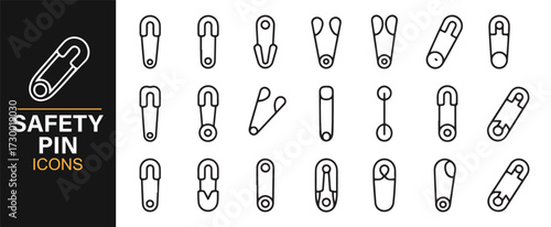 Abstract safety pin icon pack – linear design for fashion, clothing, and tailoring art
