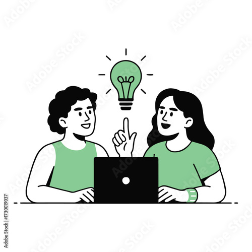 Vector art of two colleagues are working on a project together and have a bright idea they are looking at a laptop and pointing at a light bulb