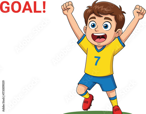 Cartoon boy, soccer goal, celebration pose, yellow jersey, raised arms, cheerful expression, sports theme, vector illustration, kids activity, white background