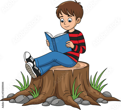 Cartoon boy, reading book, tree stump, outdoor setting, cheerful character, nature scene, vector illustration, kids education, stock art, white background