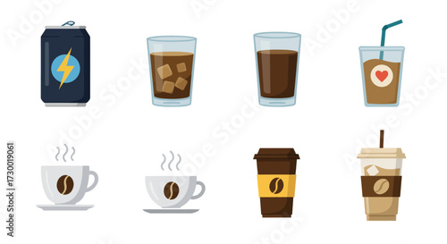 Assortment of Coffee and Energy Drink Icons for Beverage and Refreshment Concepts