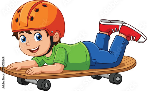 Cartoon child lying on skateboard, cheerful expression, playful motion, safety gear helmet, fun activity, colorful illustration, white background, vector art