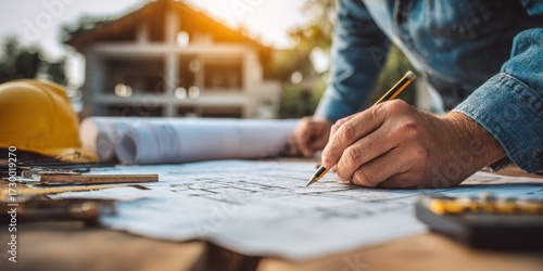 Worker analyzing blueprints for house construction, construction site background, building materials, architectural plans on table, ongoing project development, team collaboration