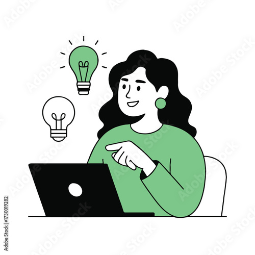 Vector art of a woman is working on a project and has a bright idea she is looking at a laptop and pointing at a light bulb