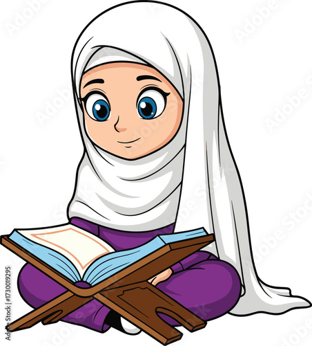 Cartoon child reading book on wooden stand, white hijab outfit, focused expression, educational theme, cultural representation, white background, vector art