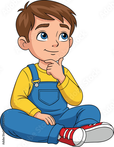 Cartoon child thinking pose, sitting cross-legged, curious expression, educational concept, storytelling moment, colorful illustration, white background, vector art