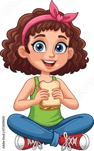 Cartoon child, eating sandwich, cross-legged pose, cheerful character, mealtime moment, vector illustration, kids snack, food theme, stock art, white background
