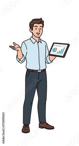 Man holds tablet with chart shrugging shoulders confused in a white background.