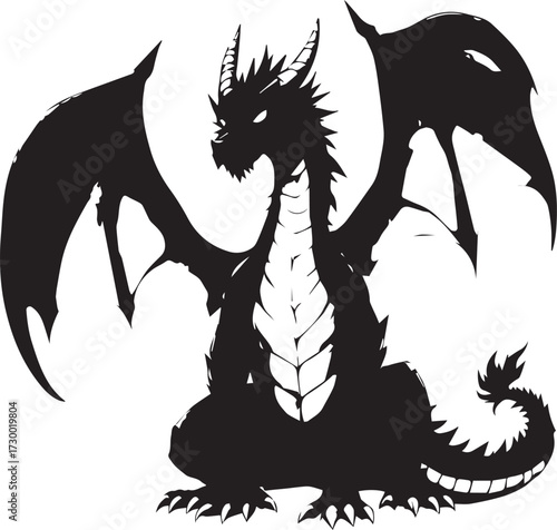 Stylized dragon silhouette with wings, horns, and spiked tail in black-and-white fantasy line art