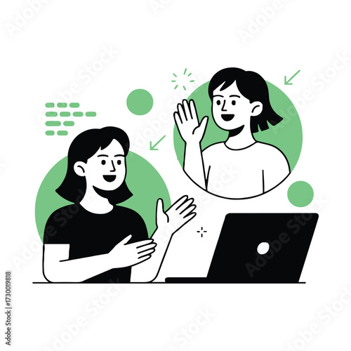 Vector art of two women are having a video call on their laptops, they are waving and talking to each other with happy expressions