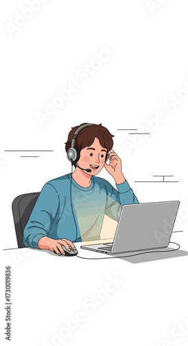Person wearing headset working on laptop sitting in chair against white background.