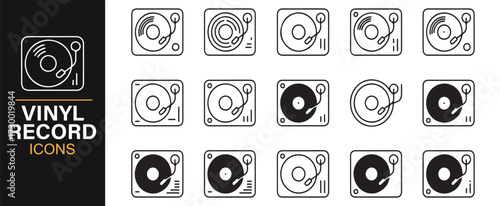 Retro vinyl LP record icons – audio entertainment and DJ turntable collection