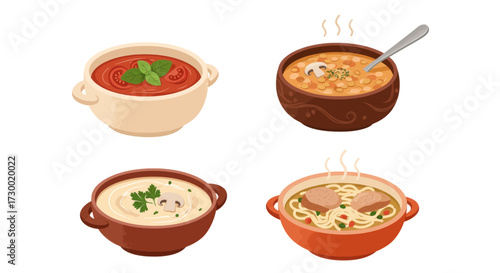 Various delicious hot soups in bowls, perfect for a comforting meal, collection of vector illustrations