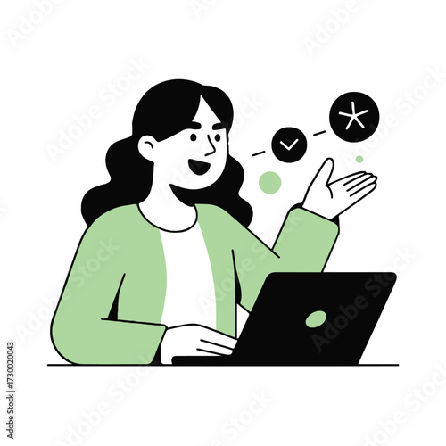 Vector art of a young woman is sitting at a laptop and working on a project, she is happy with the results and is gesturing with her hand