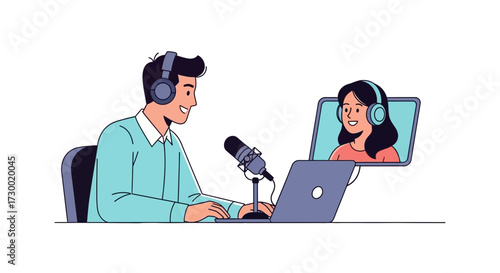 Man recording podcast with woman on laptop screen using microphone and headphones.