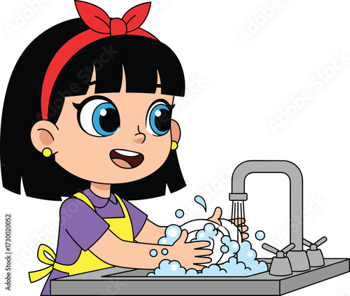 Cartoon girl washing hands at sink, cheerful expression, hygiene practice, health awareness theme, colorful illustration, white background, vector art