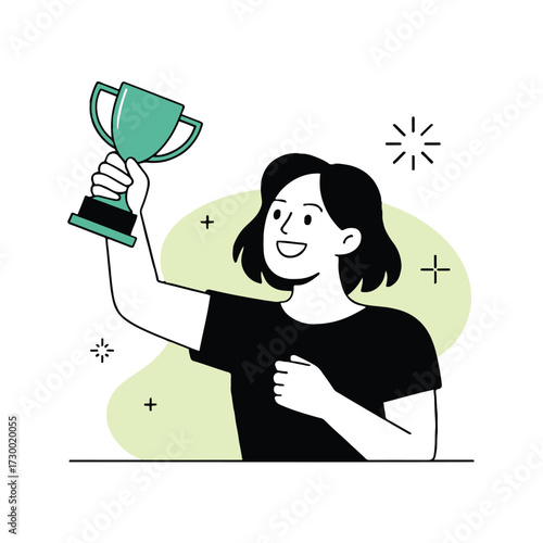 Vector art of a woman is holding a trophy in her hand, she is smiling and celebrating her success with joy and excitement