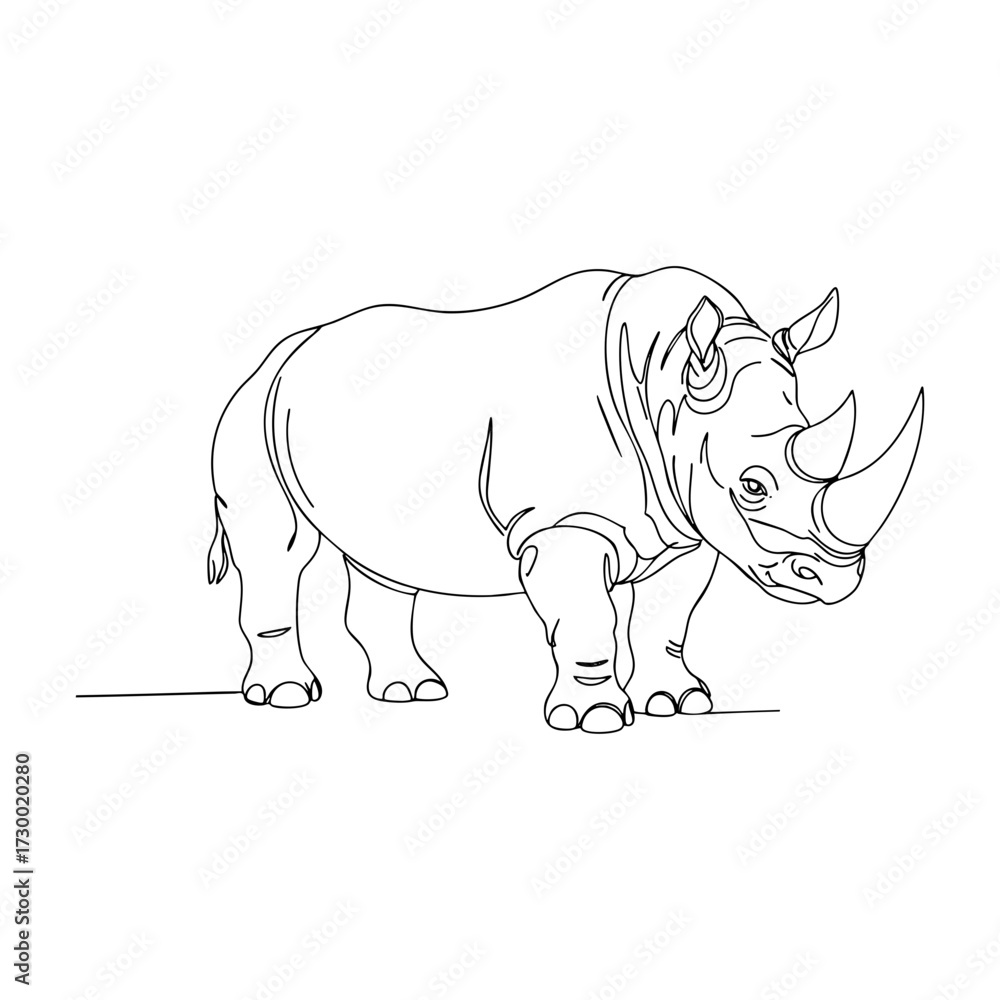 Obraz premium Vector line art of a rhinoceros, single line drawing of wild animal illustration for safari and wildlife conservation themes.