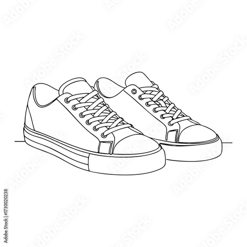 Casual sneakers pair in vector line art — low-top canvas shoes with detailed laces, rubber toe caps and striped sidewalls; crisp monochrome outline for apparel graphics, posters, stickers, logos and i