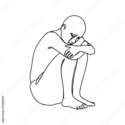 Sad person sitting and hugging knees — expressive continuous one‑line vector line art figure with tearful face; minimalist black contour suited for mental health topics, awareness campaigns and editor