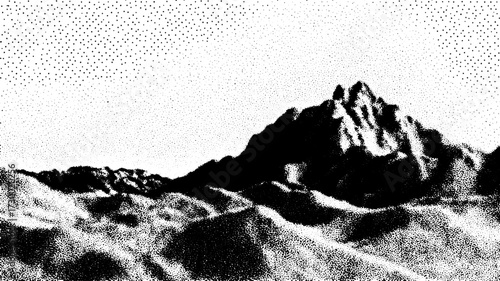 Black and white mountain landscape illustration with textured silhouettes and contours in a vector format.
