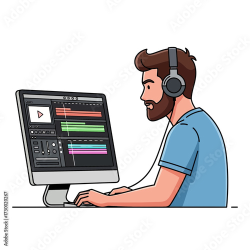 Cartoon man with headphones using computer for video editing on white background.