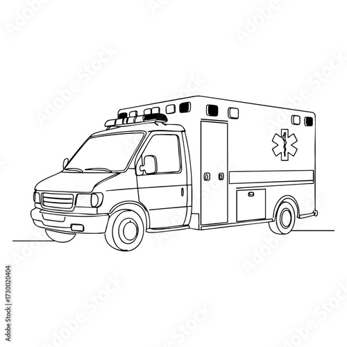Ambulance van side view with emergency star of life and lightbar, precise vector line art outline, clean single‑line style for medical infographics, safety posters, signage, decals and education