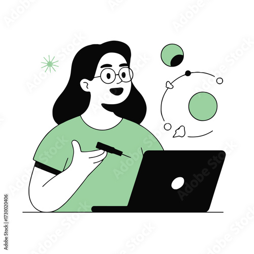 Vector art of a young woman is sitting at a laptop and working on a scientific project, she is happy with the results