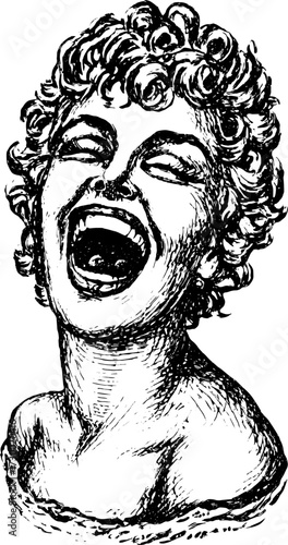 Vintage illustration of a laughing woman. Black and white vector artwork capturing joyful expression and playful character design in a refined style.