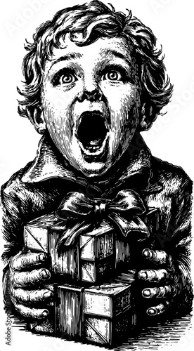 A boy shouting with excitement while holding a set of presents. Vintage black and white vector illustration with detailed expressions and festive elements.