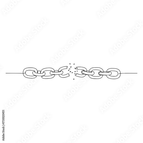 Vector line art of a broken chain with shattered link in the middle, minimalist continuous line drawing symbolizing weakness and freedom