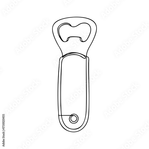 Vector line art illustration of a handheld bottle opener with ergonomic handle, minimal black outline drawing, isolated design for kitchen and beverage use
