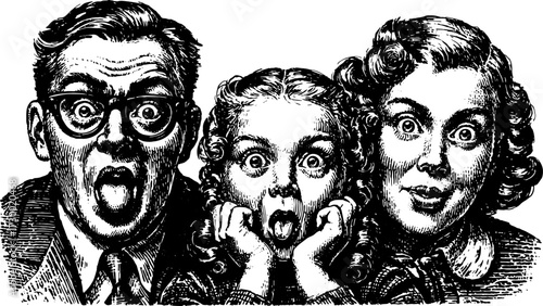 People expressing emotions in a vintage black and white illustration. This quirky graphic features surprised faces in a set with vector style.
