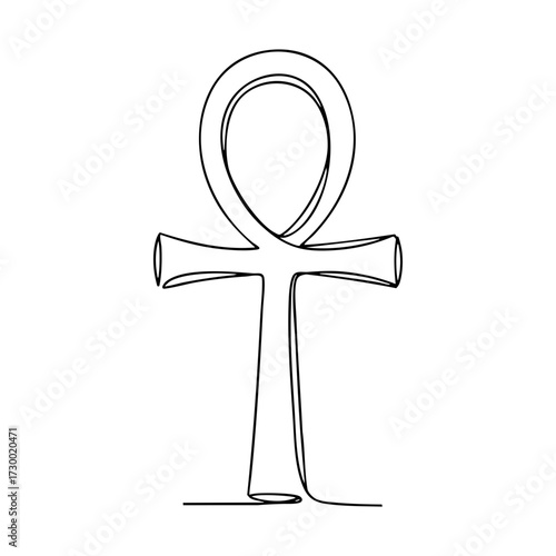 Vector line art illustration of ancient Egyptian ankh symbol, detailed minimalist depiction of life cross with elegant continuous contour