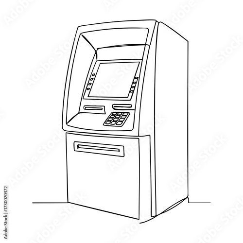 Detailed vector line art of an ATM machine, realistic illustration of automated teller for banking and finance concepts, clean outline with precise perspective
