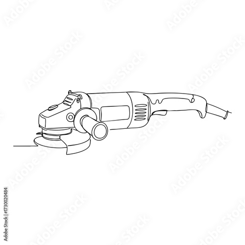 Vector line art of an electric angle grinder tool, detailed outline illustration for construction and repair themes