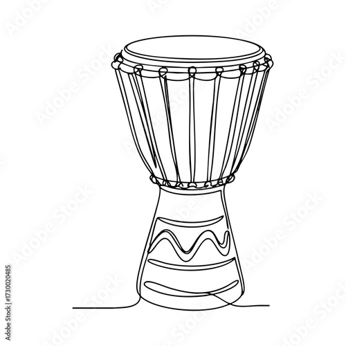 Vector line art of African djembe drum, continuous outline showing detailed hand percussion instrument with tribal design