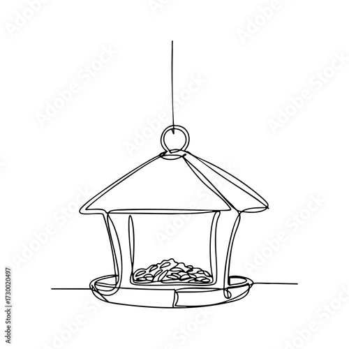 Vector line art of a hanging bird feeder filled with seeds, minimalist continuous line drawing for garden and wildlife illustration