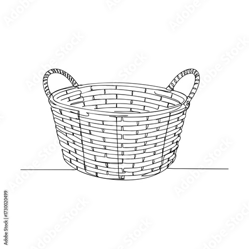 Wicker basket vector line art. Detailed continuous line drawing of traditional woven basket with handles, minimalistic design for rustic, home decor or market illustration.
