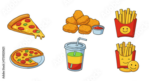 Delicious Vector Illustrations of Fast Food, Pizza, Nuggets, and French Fries with Drinks