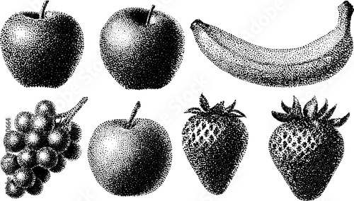Fruit vector illustration set featuring apples, bananas, grapes, and strawberries in a simple black and white dot style.