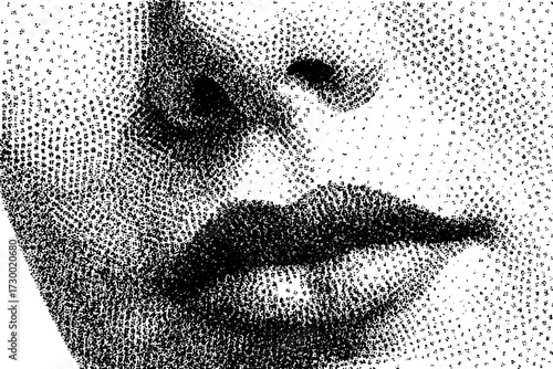 Illustration of a face featuring lips and hair. The vector art uses a dot pattern in black and white for texture and design in a minimalist style.