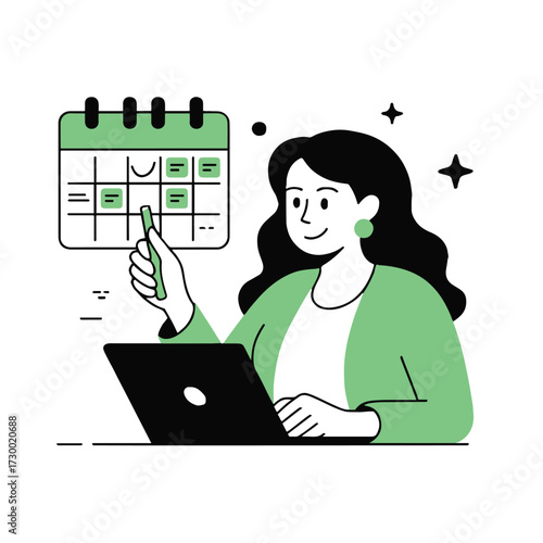 Vector art of a woman planning her schedule on a calendar with a laptop, a symbol of organization, productivity, and time management